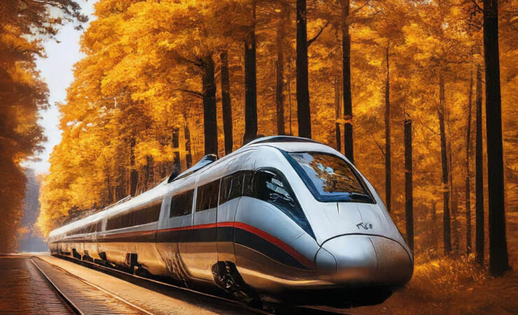An AI generated image of a high speed train in a forest