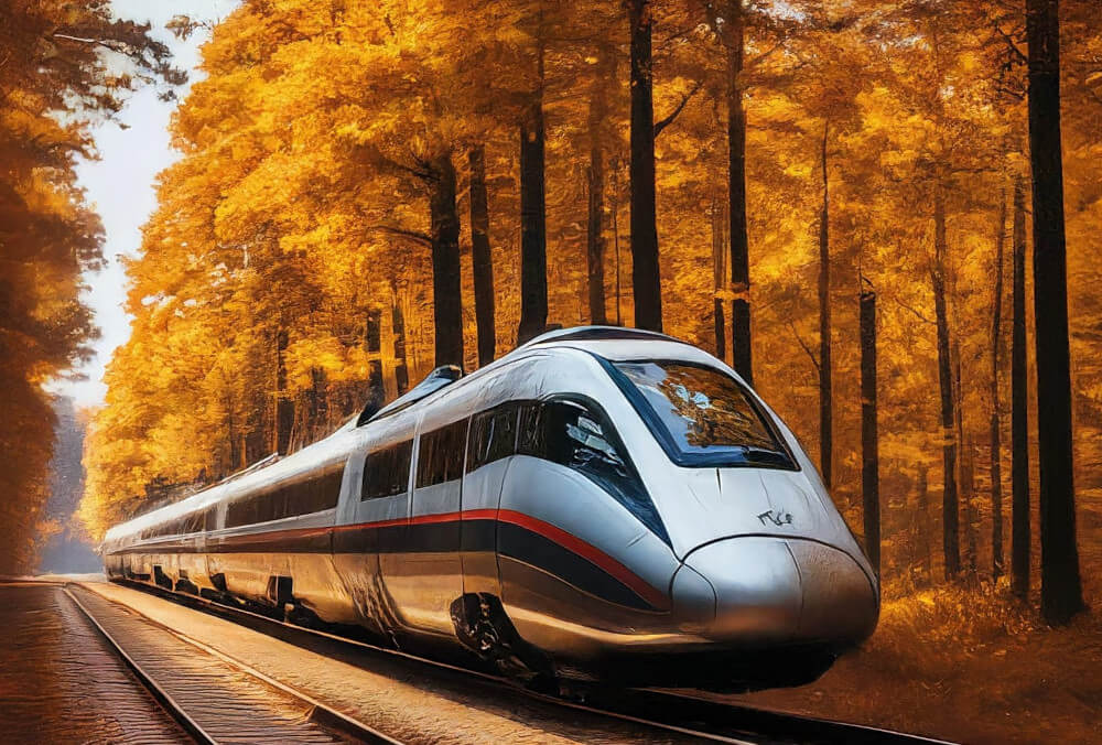 An AI generated image of a high speed train in a forest