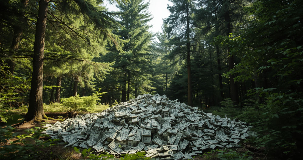 Image of a pile of money in the forest